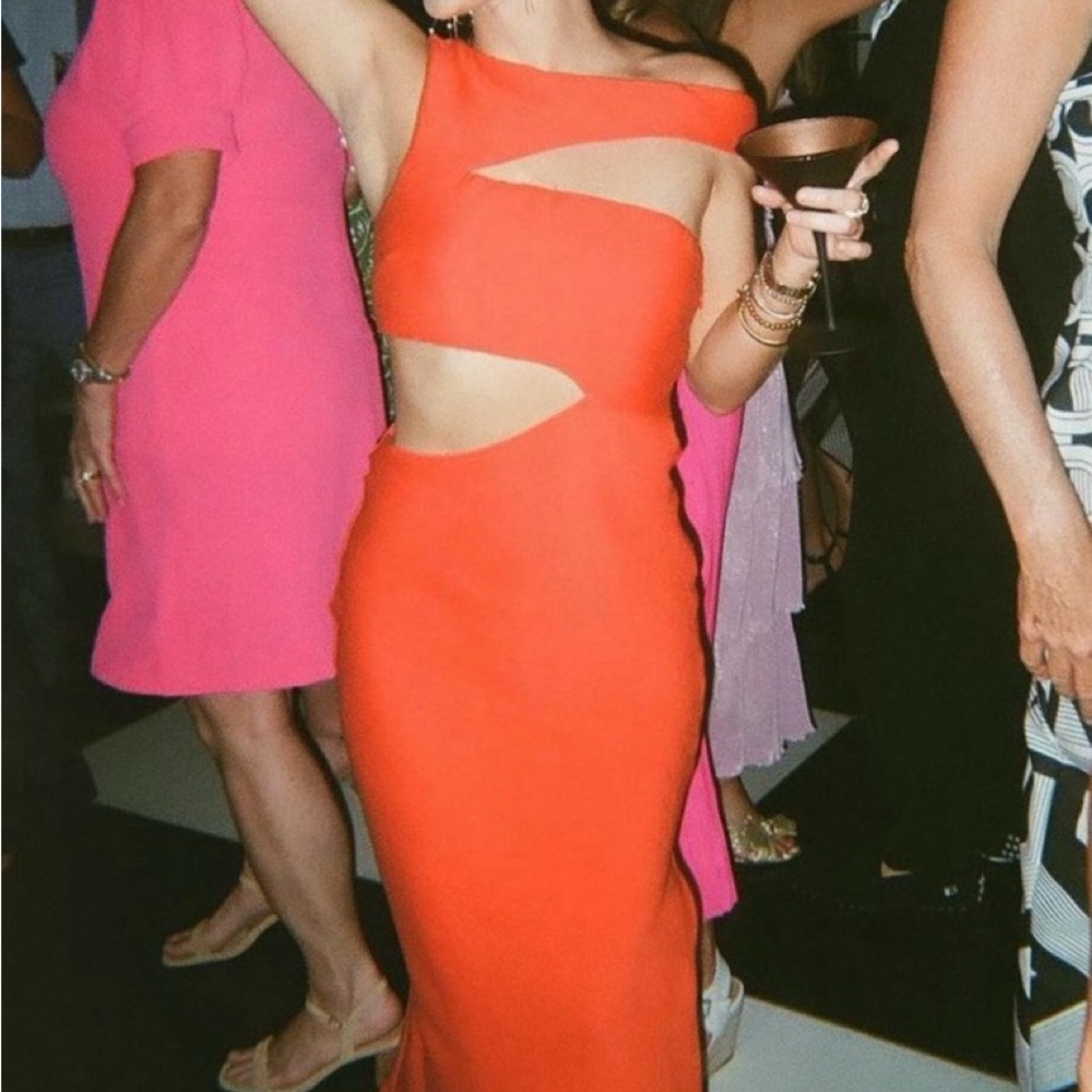 STAUD Red Asymmetrical Cutout Bodycon Dress